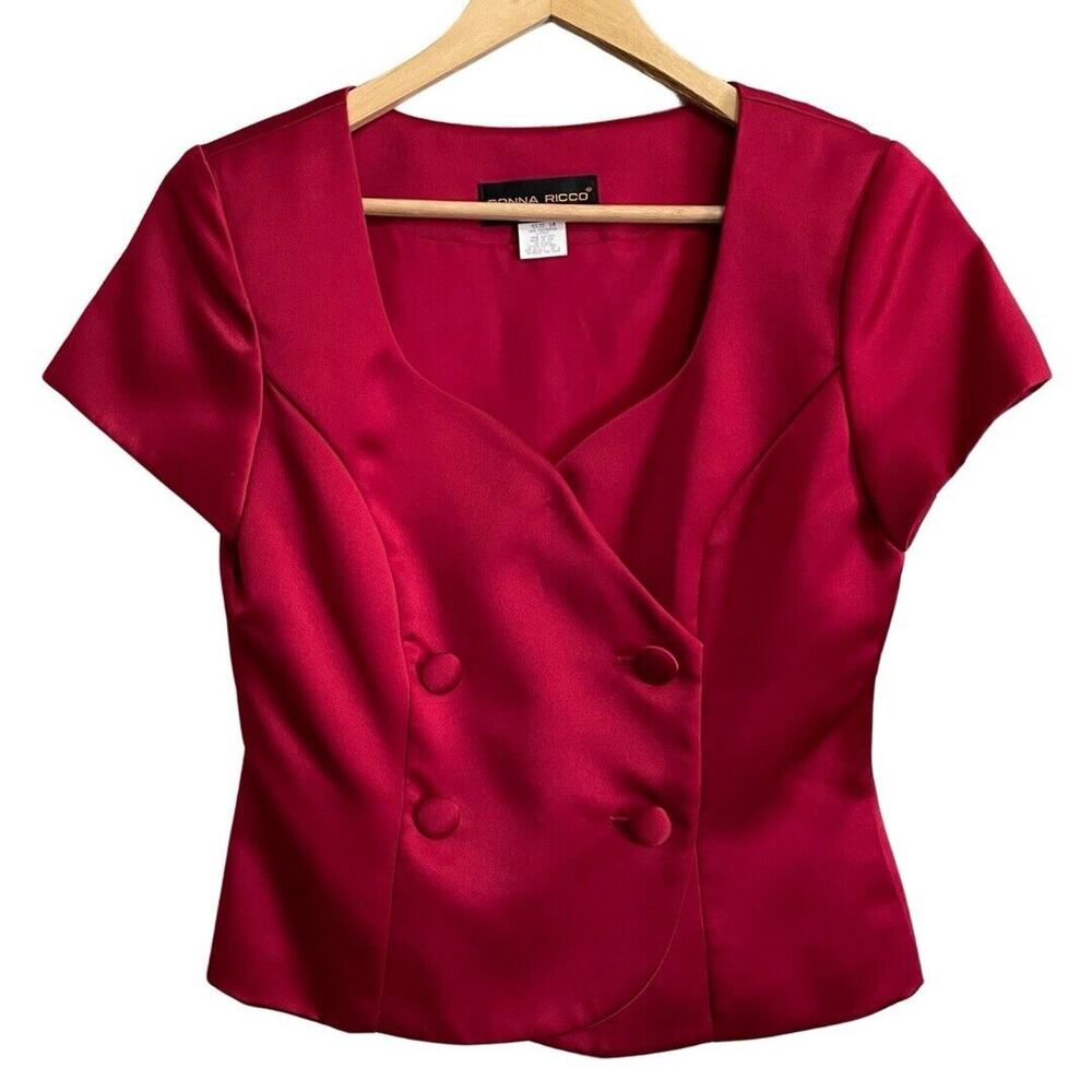Donna Ricco Short Sleeve Blazer Top Size 10 Bordeaux Satin Double Breast NEW